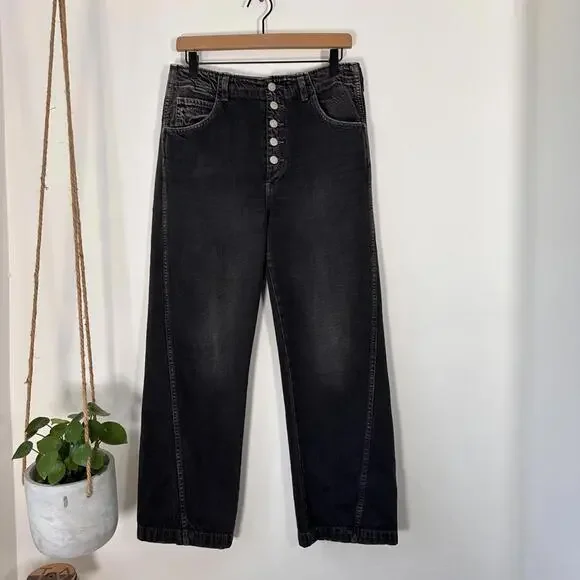 AMO Dock Pant 28 Vintage Black Wide Leg Jeans High Rise Button Fly